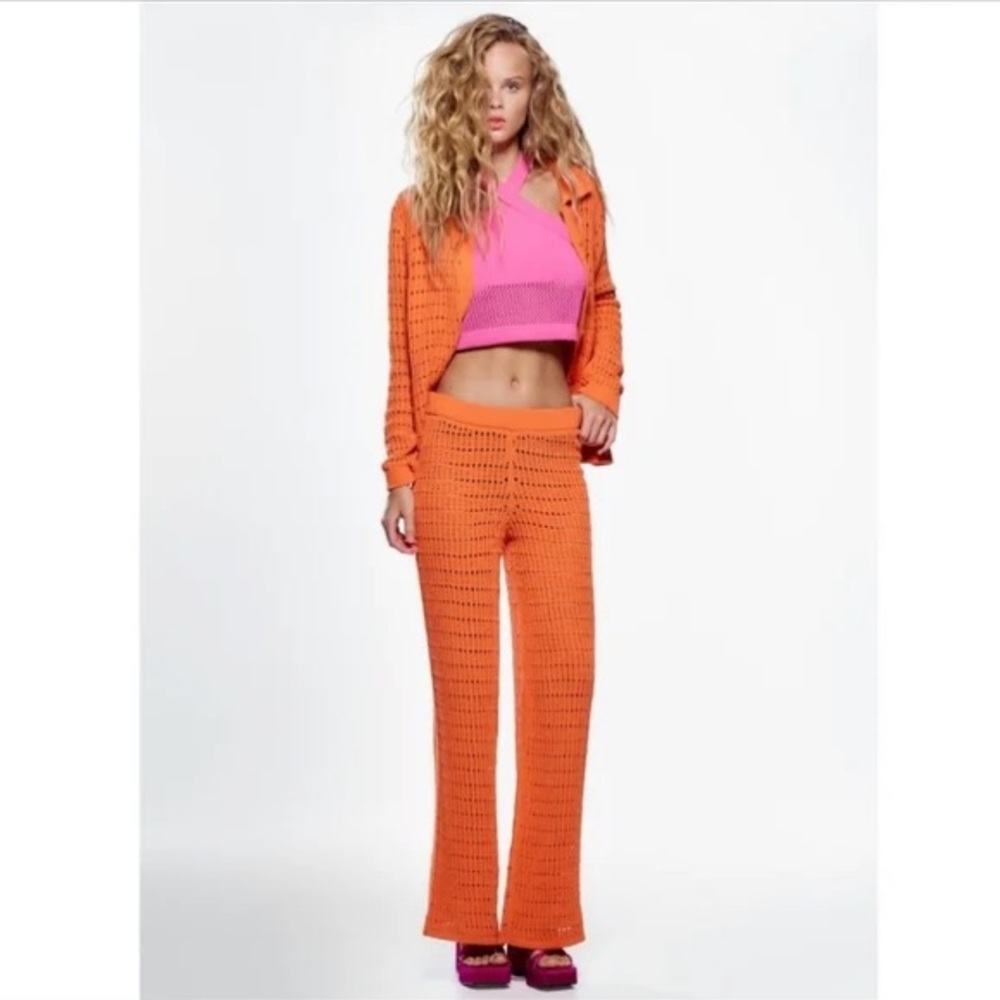 Zara Vibrant Orange High Waisted Chenille Knit Crochet Pants Size Small